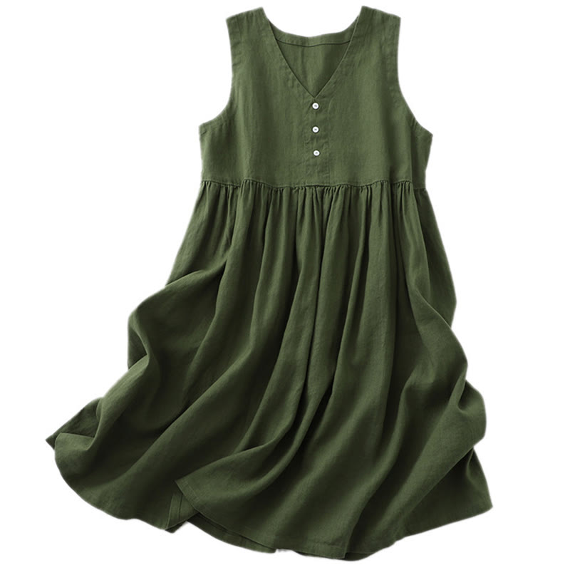 Buddha Stones Tägliches, lässiges, einfarbiges, V-Ausschnitt-Midikleid mit schlichtem Knopfdesign und ärmellosem Schnitt - image 16