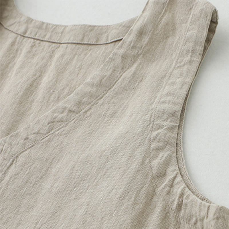 Buddha Stones Tägliches, lässiges, einfarbiges, V-Ausschnitt-Midikleid mit schlichtem Knopfdesign und ärmellosem Schnitt - image 6