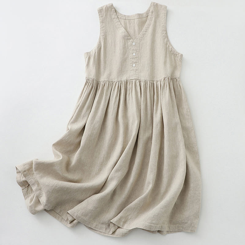 Buddha Stones Tägliches, lässiges, einfarbiges, V-Ausschnitt-Midikleid mit schlichtem Knopfdesign und ärmellosem Schnitt - Leinen - US14, UK/AU18, EU46 (2XL) - image 0