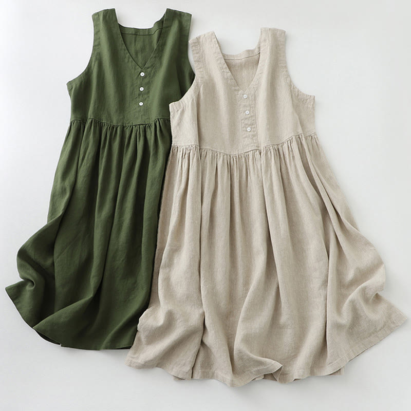 Buddha Stones Tägliches, lässiges, einfarbiges, V-Ausschnitt-Midikleid mit schlichtem Knopfdesign und ärmellosem Schnitt - image 17