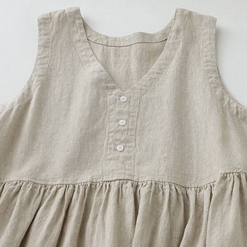 Buddha Stones Tägliches, lässiges, einfarbiges, V-Ausschnitt-Midikleid mit schlichtem Knopfdesign und ärmellosem Schnitt - image 2