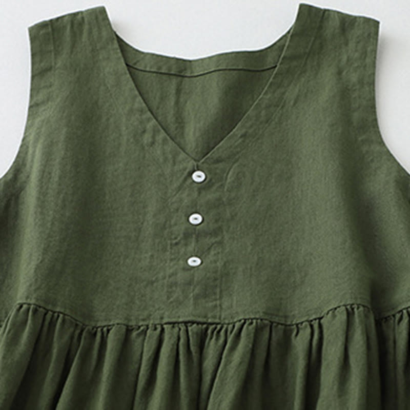 Buddha Stones Tägliches, lässiges, einfarbiges, V-Ausschnitt-Midikleid mit schlichtem Knopfdesign und ärmellosem Schnitt - image 11