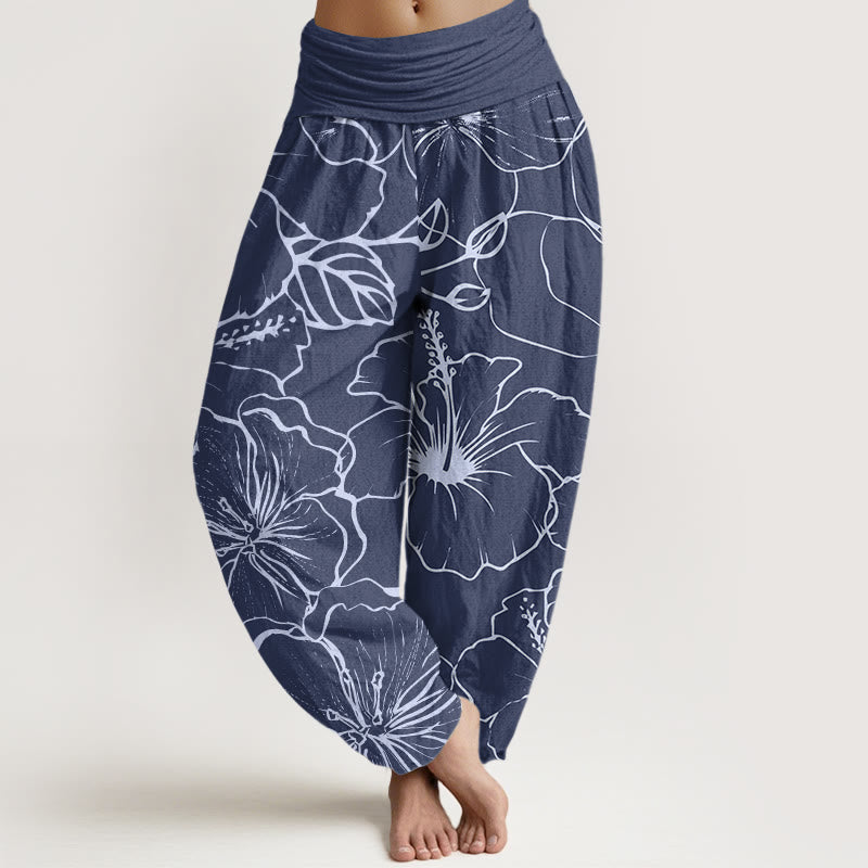 Haremshose mit elastischer Taille und Buddha Stones, Morning Glory Flowers-Muster - Stahlblau - US22， UK/AU26，EU54 (6XL) - image 1