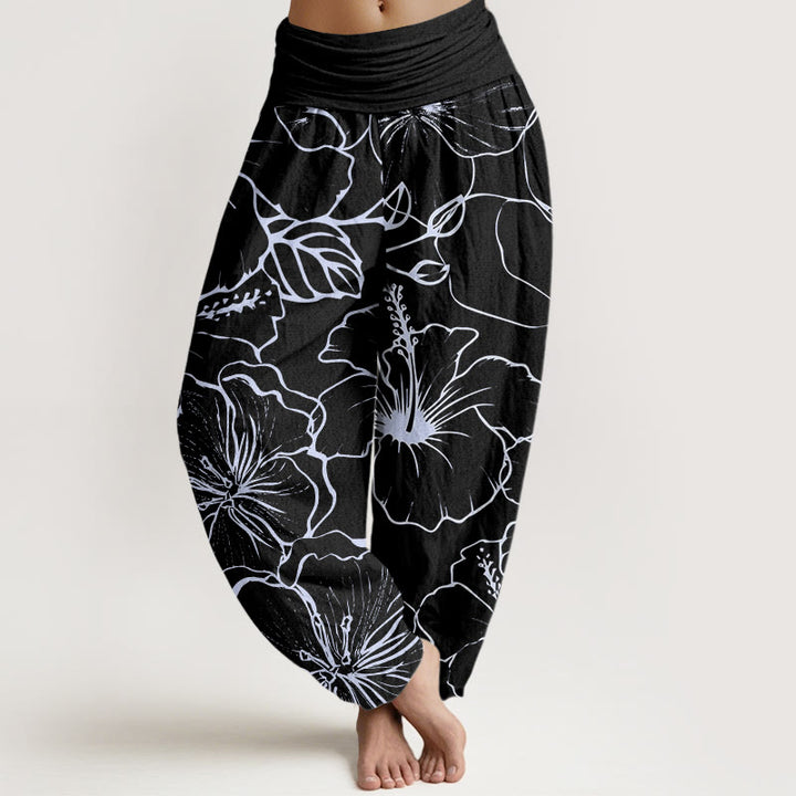 Haremshose mit elastischer Taille und Buddha Stones, Morning Glory Flowers-Muster - Schwarz - US22， UK/AU26，EU54 (6XL) - image 8