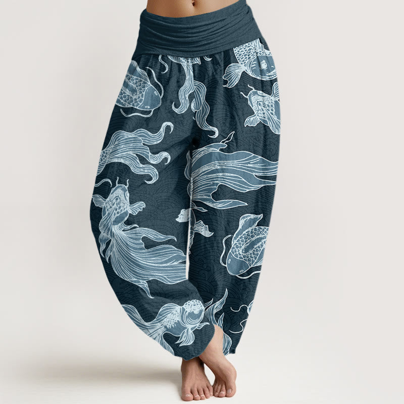 Haremshose für Damen mit elastischer Taille und Buddha Stones, Koi-Fisch-Wellen-Muster - CadetBlue - US22， UK/AU26，EU54 (6XL) - image 1