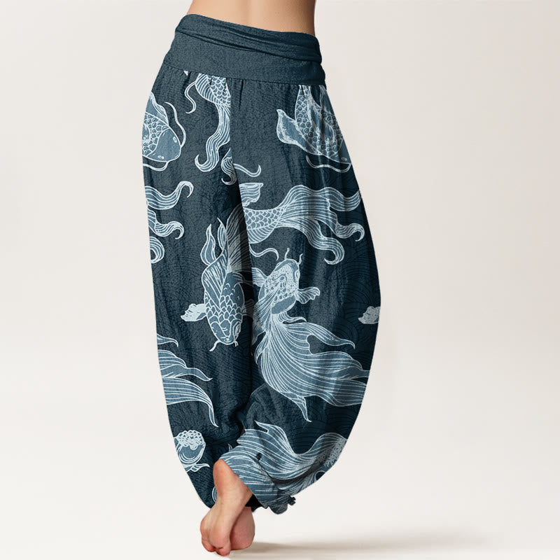 Haremshose für Damen mit elastischer Taille und Buddha Stones, Koi-Fisch-Wellen-Muster - image 2