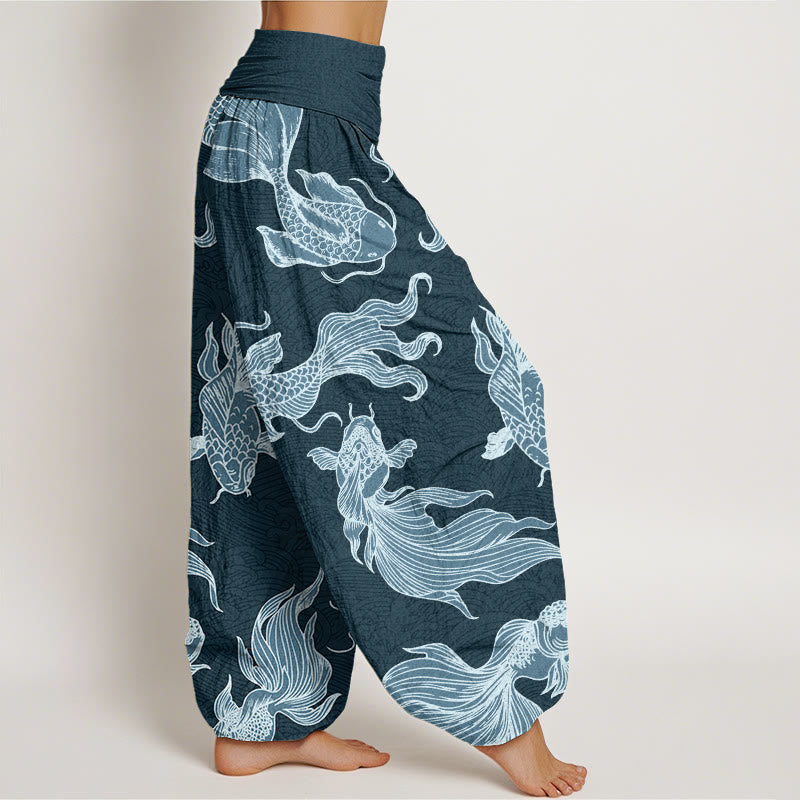 Haremshose für Damen mit elastischer Taille und Buddha Stones, Koi-Fisch-Wellen-Muster - image 3