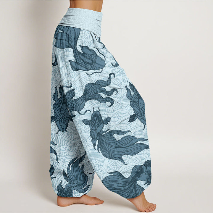 Haremshose für Damen mit elastischer Taille und Buddha Stones, Koi-Fisch-Wellen-Muster - image 7