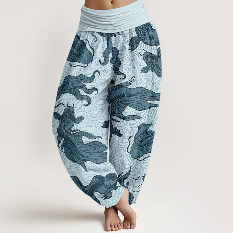 Haremshose für Damen mit elastischer Taille und Buddha Stones, Koi-Fisch-Wellen-Muster - Blasstürkis - US22， UK/AU26，EU54 (6XL) - image 5