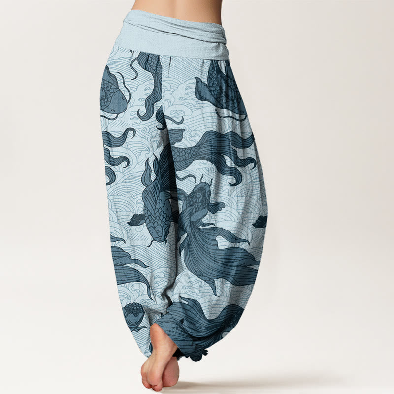 Haremshose für Damen mit elastischer Taille und Buddha Stones, Koi-Fisch-Wellen-Muster - image 6