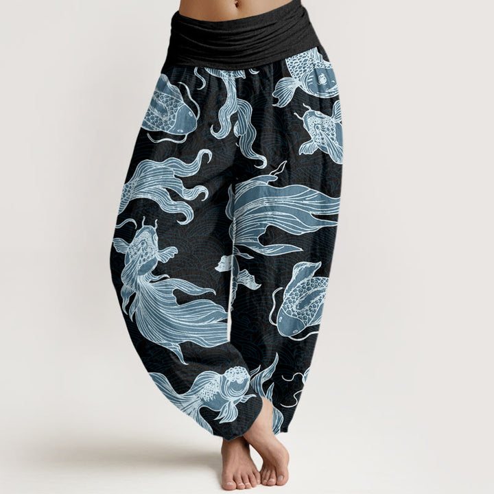 Haremshose für Damen mit elastischer Taille und Buddha Stones, Koi-Fisch-Wellen-Muster - Schwarz - US22， UK/AU26，EU54 (6XL) - image 8