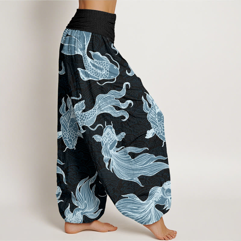 Haremshose für Damen mit elastischer Taille und Buddha Stones, Koi-Fisch-Wellen-Muster - image 10