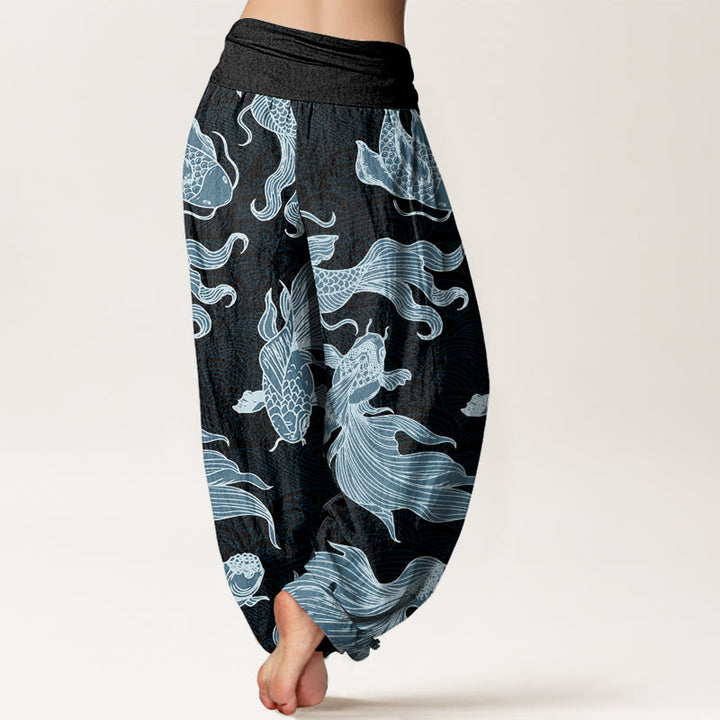 Haremshose für Damen mit elastischer Taille und Buddha Stones, Koi-Fisch-Wellen-Muster - image 9