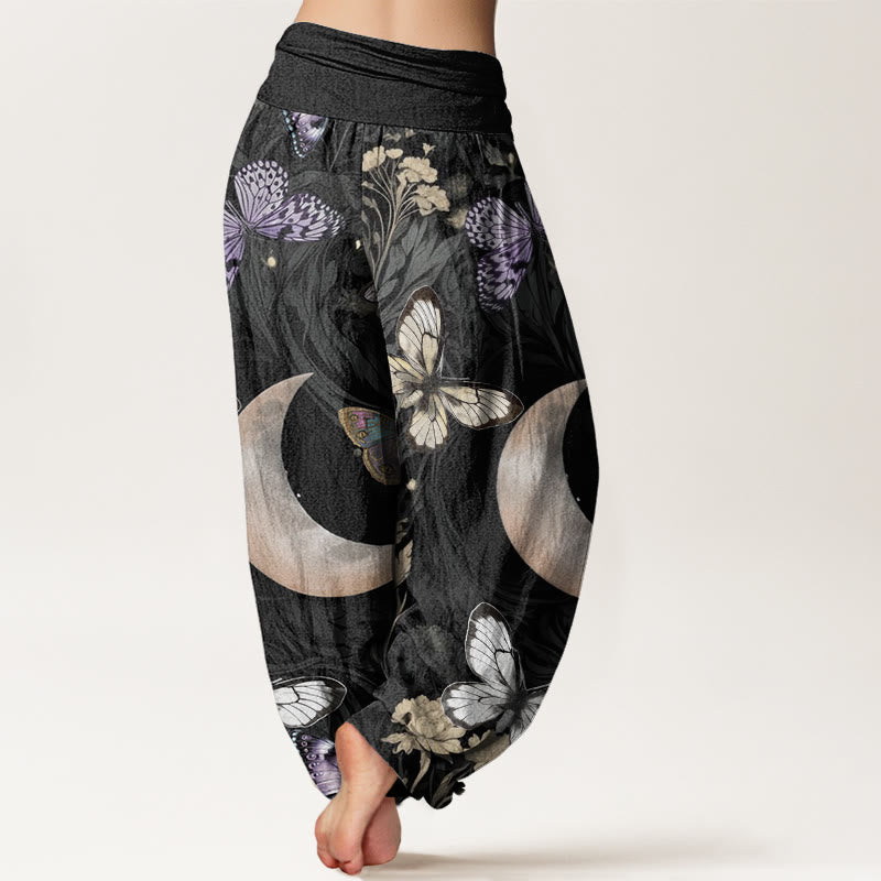 Haremshose mit elastischer Taille für Damen, Buddha Stones, Schmetterlingsblumen, Halbmond-Muster - image 2