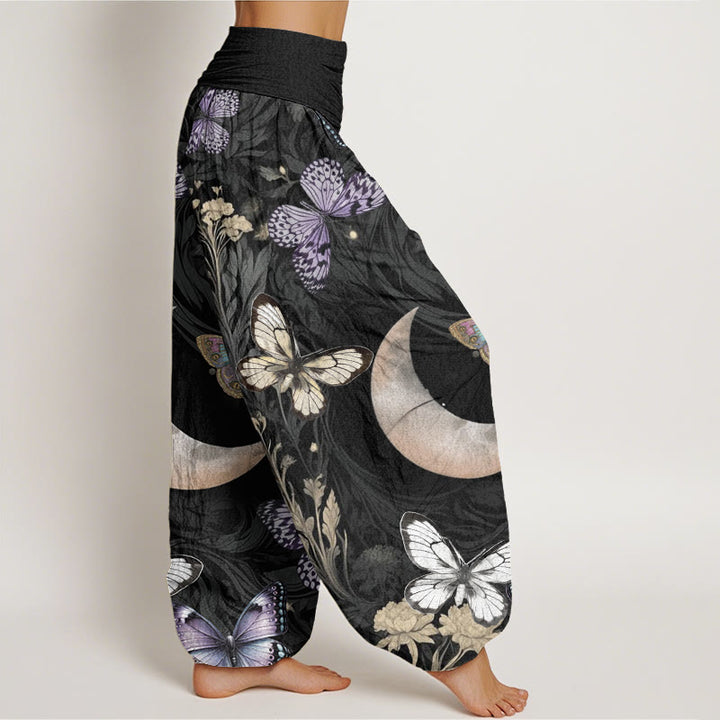 Haremshose mit elastischer Taille für Damen, Buddha Stones, Schmetterlingsblumen, Halbmond-Muster - image 3