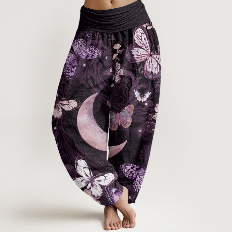 Haremshose mit elastischer Taille für Damen, Buddha Stones, Schmetterlingsblumen, Halbmond-Muster - Pflaume - US22， UK/AU26，EU54 (6XL) - image 8