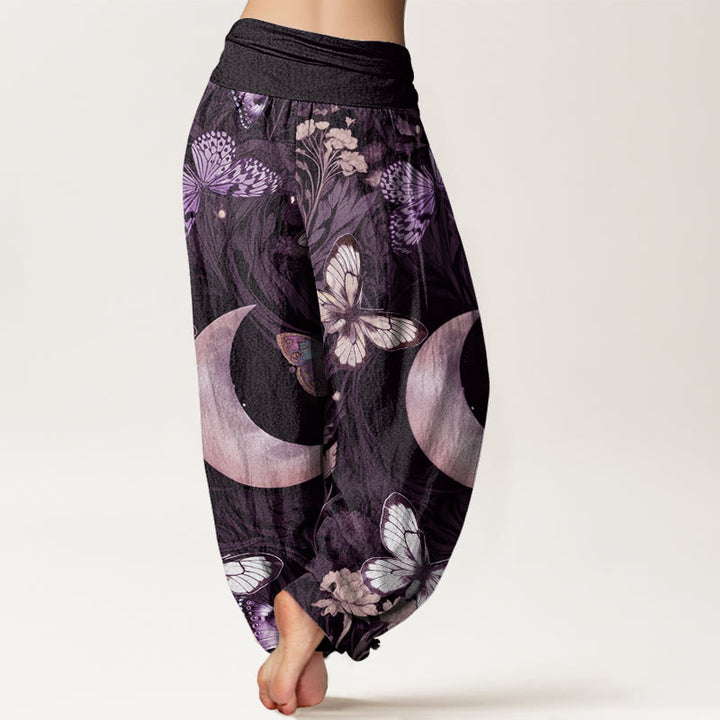 Haremshose mit elastischer Taille für Damen, Buddha Stones, Schmetterlingsblumen, Halbmond-Muster - image 9