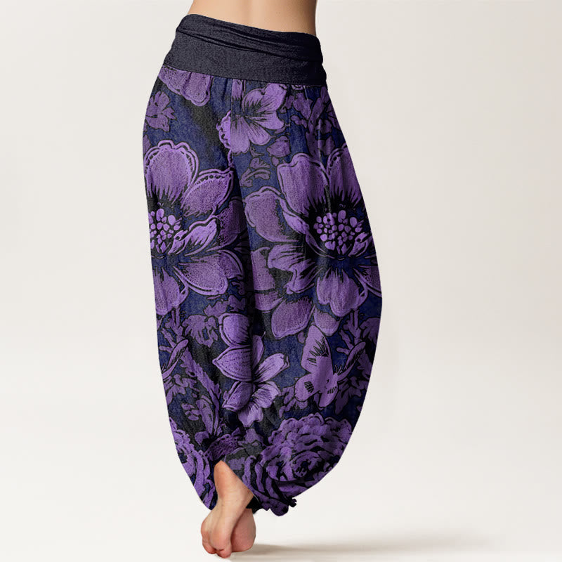 Haremshose mit elastischer Taille und Buddha Stones, Pfingstrosenblumen, Schmetterlingsmuster, Design für Damen - image 2