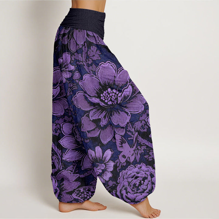Haremshose mit elastischer Taille und Buddha Stones, Pfingstrosenblumen, Schmetterlingsmuster, Design für Damen - image 3