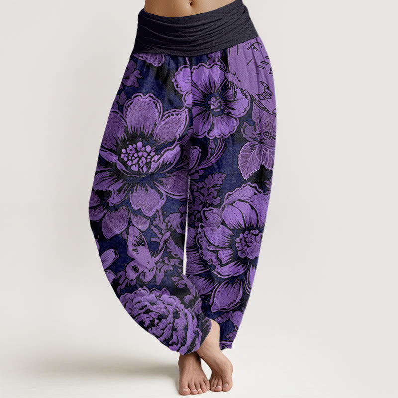 Haremshose mit elastischer Taille und Buddha Stones, Pfingstrosenblumen, Schmetterlingsmuster, Design für Damen - Lila - US22， UK/AU26，EU54 (6XL) - image 1