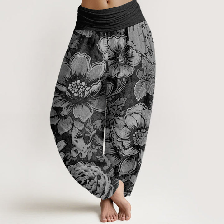 Haremshose mit elastischer Taille und Buddha Stones, Pfingstrosenblumen, Schmetterlingsmuster, Design für Damen - Schwarz - US22， UK/AU26，EU54 (6XL) - image 5