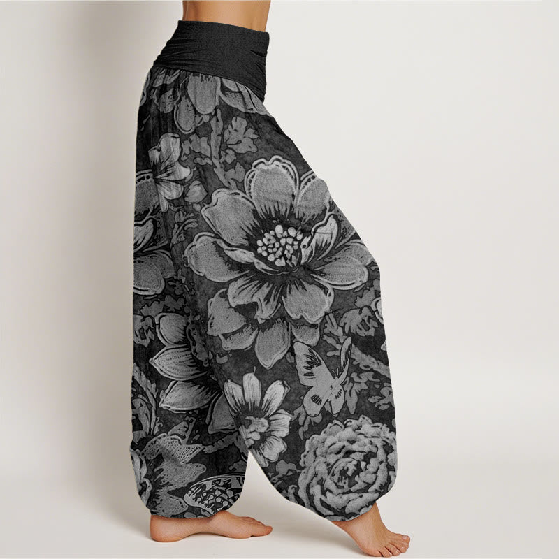 Haremshose mit elastischer Taille und Buddha Stones, Pfingstrosenblumen, Schmetterlingsmuster, Design für Damen - image 7
