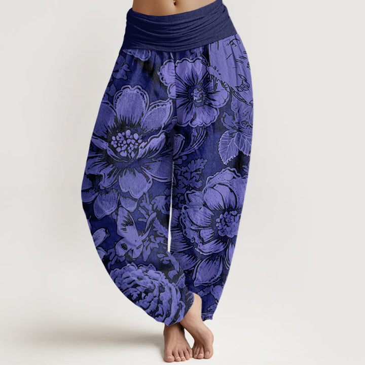 Haremshose mit elastischer Taille und Buddha Stones, Pfingstrosenblumen, Schmetterlingsmuster, Design für Damen - Dunkelviolett - US22， UK/AU26，EU54 (6XL) - image 8