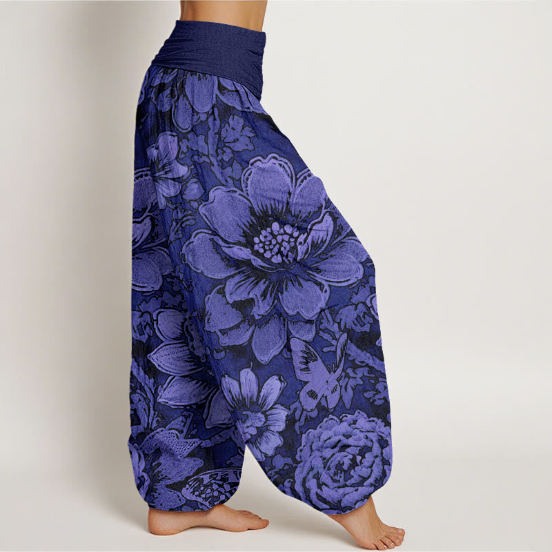 Haremshose mit elastischer Taille und Buddha Stones, Pfingstrosenblumen, Schmetterlingsmuster, Design für Damen - image 10