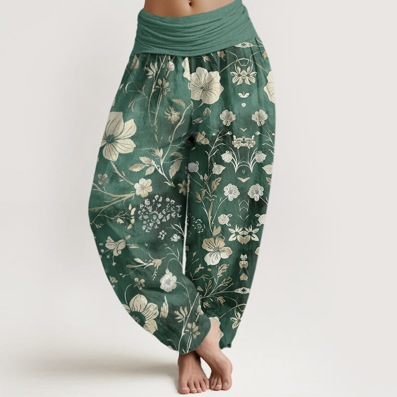 Haremshose mit elastischer Taille und Buddha Stones, weißen Blumen und gewundenen Ranken - MittelAquamarin - US22， UK/AU26，EU54 (6XL) - image 1