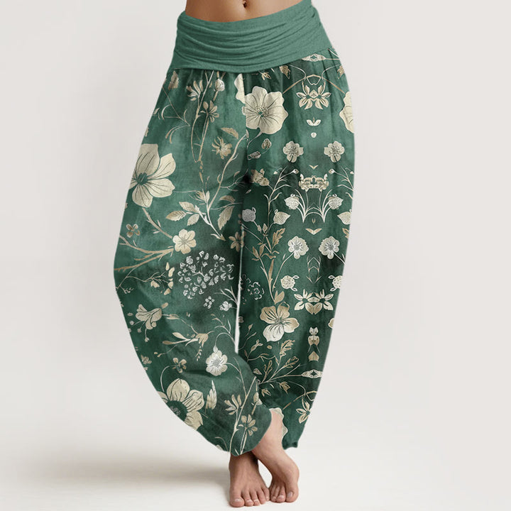 Haremshose mit elastischer Taille und Buddha Stones, weißen Blumen und gewundenen Ranken - MittelAquamarin - US22， UK/AU26，EU54 (6XL) - image 1