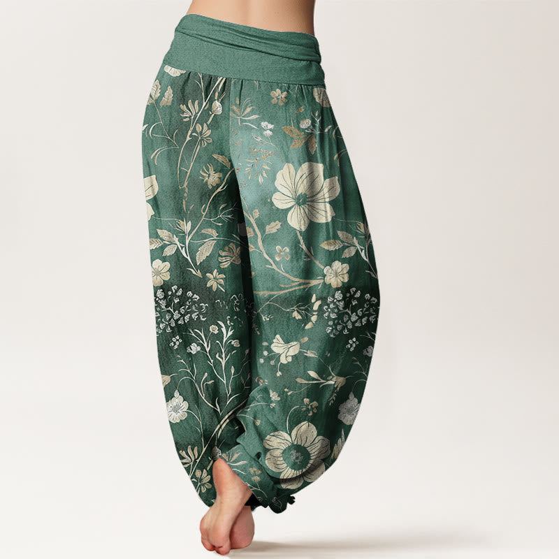 Haremshose mit elastischer Taille und Buddha Stones, weißen Blumen und gewundenen Ranken - image 2