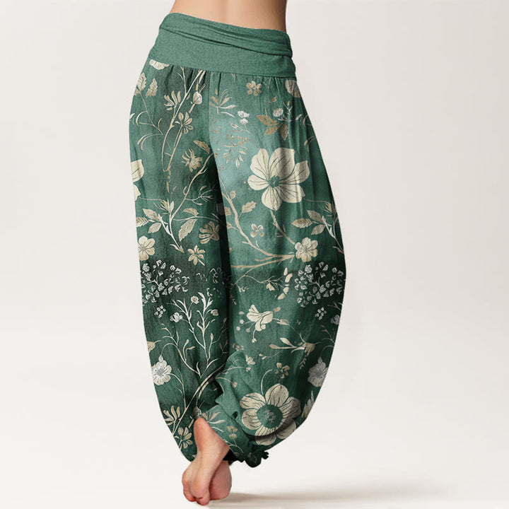 Haremshose mit elastischer Taille und Buddha Stones, weißen Blumen und gewundenen Ranken - image 2