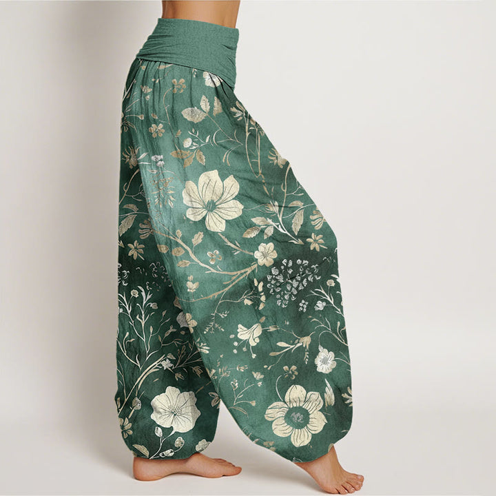 Haremshose mit elastischer Taille und Buddha Stones, weißen Blumen und gewundenen Ranken - image 3