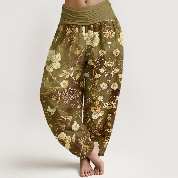 Haremshose mit elastischer Taille und Buddha Stones, weißen Blumen und gewundenen Ranken - Dunkelkhaki - US22, UK/AU26, EU54 (6XL) - image 4