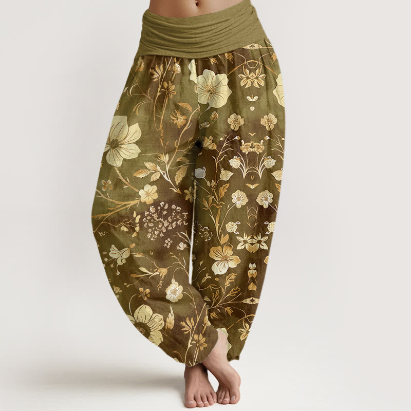 Haremshose mit elastischer Taille und Buddha Stones, weißen Blumen und gewundenen Ranken - DunkelKhaki - US22， UK/AU26，EU54 (6XL) - image 5
