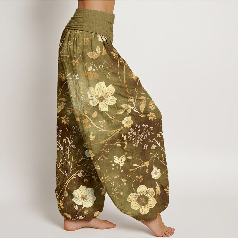 Haremshose mit elastischer Taille und Buddha Stones, weißen Blumen und gewundenen Ranken - image 7