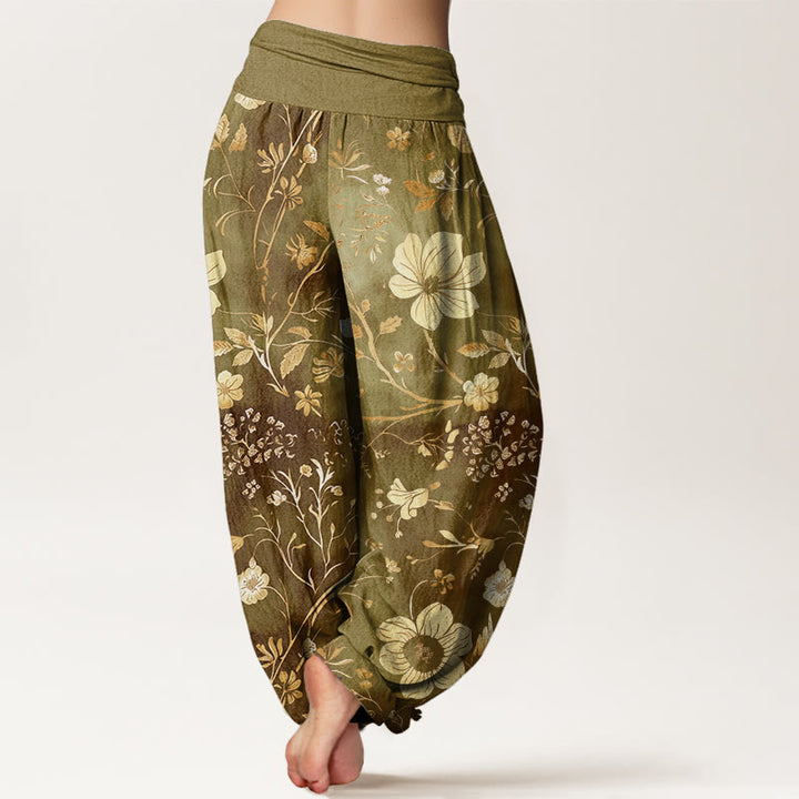 Haremshose mit elastischer Taille und Buddha Stones, weißen Blumen und gewundenen Ranken - image 6