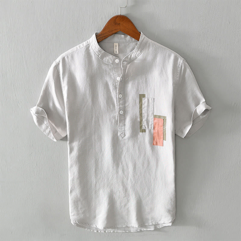 Buddha Stones Daily Plain Patch Farblich passendes Design Herren Kurzarmhemd aus Baumwolle und Leinen - Gainsboro - US/ UK/AU42，EU52 (3XL) - image 0