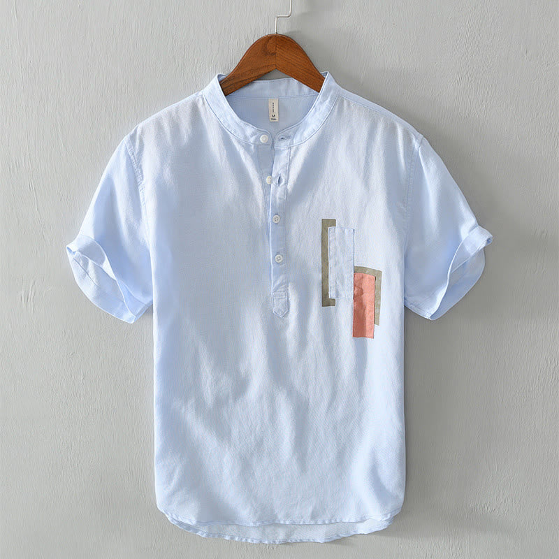 Buddha Stones Daily Plain Patch Farblich passendes Design Herren Kurzarmhemd aus Baumwolle und Leinen - HellHimmelBlau - US/ UK/AU42，EU52 (3XL) - image 8