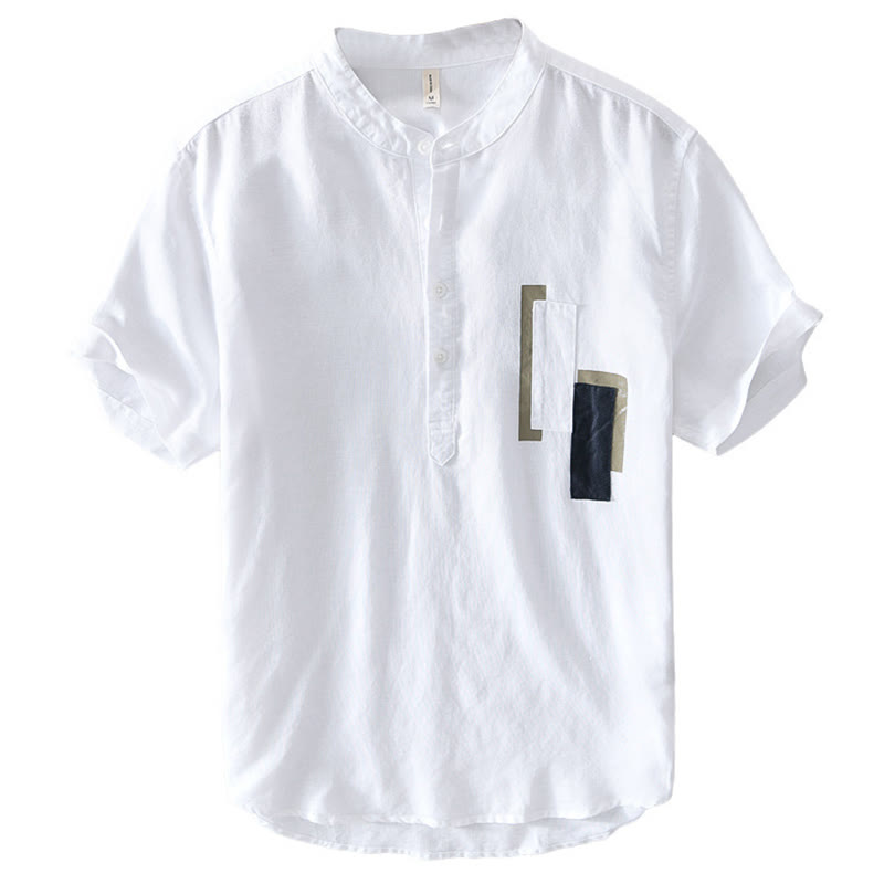 Buddha Stones Daily Plain Patch Farblich passendes Design Herren Kurzarmhemd aus Baumwolle und Leinen - image 3