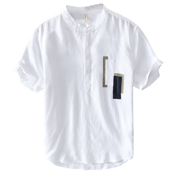 Buddha Stones Daily Plain Patch Farblich passendes Design Herren Kurzarmhemd aus Baumwolle und Leinen - image 3