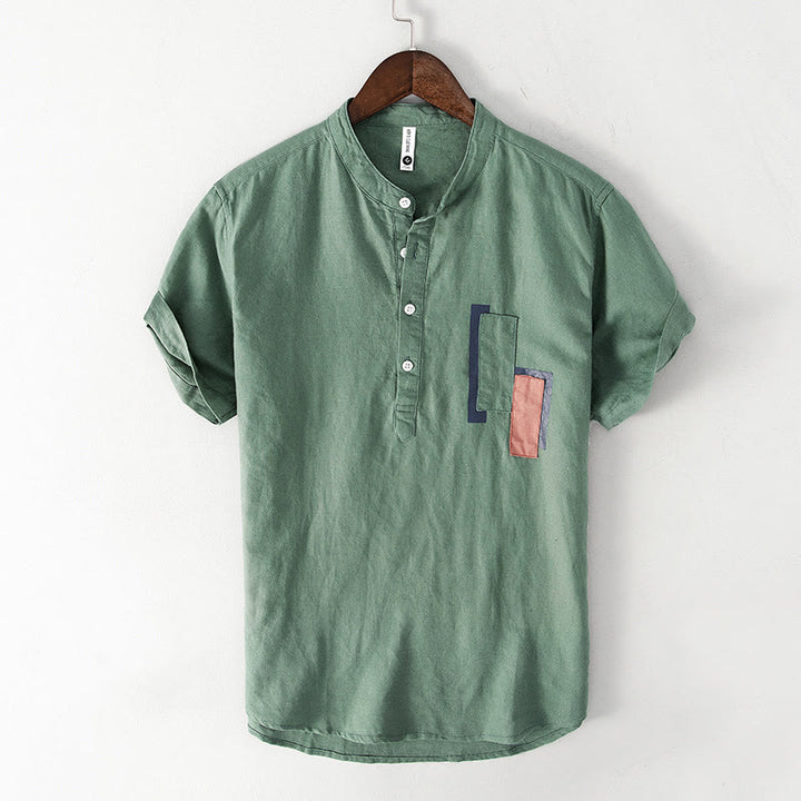 Buddha Stones Daily Plain Patch Farblich passendes Design Herren Kurzarmhemd aus Baumwolle und Leinen - MittelMeergrün - US/ UK/AU42，EU52 (3XL) - image 4