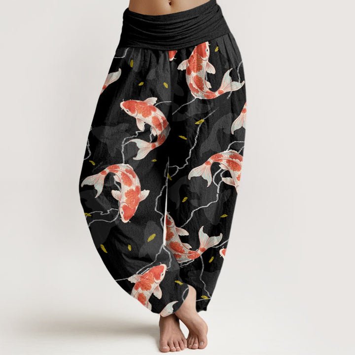 Buddha Stones Rot Weiß Koi Fisch Muster Design Damen Elastische Taille Haremshose - Schwarz - US22， UK/AU26，EU54 (6XL) - image 8