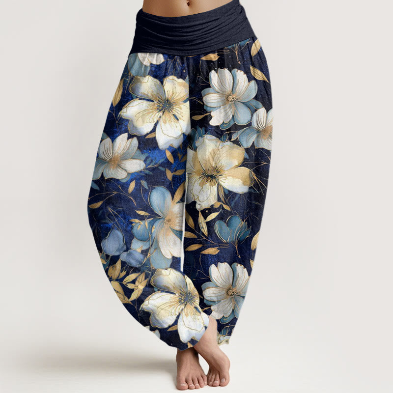 Buddha Stones Cremeweiße Blumen Muster Design Damen Haremshose mit elastischer Taille - MittelSchieferblau - US22， UK/AU26，EU54 (6XL) - image 1