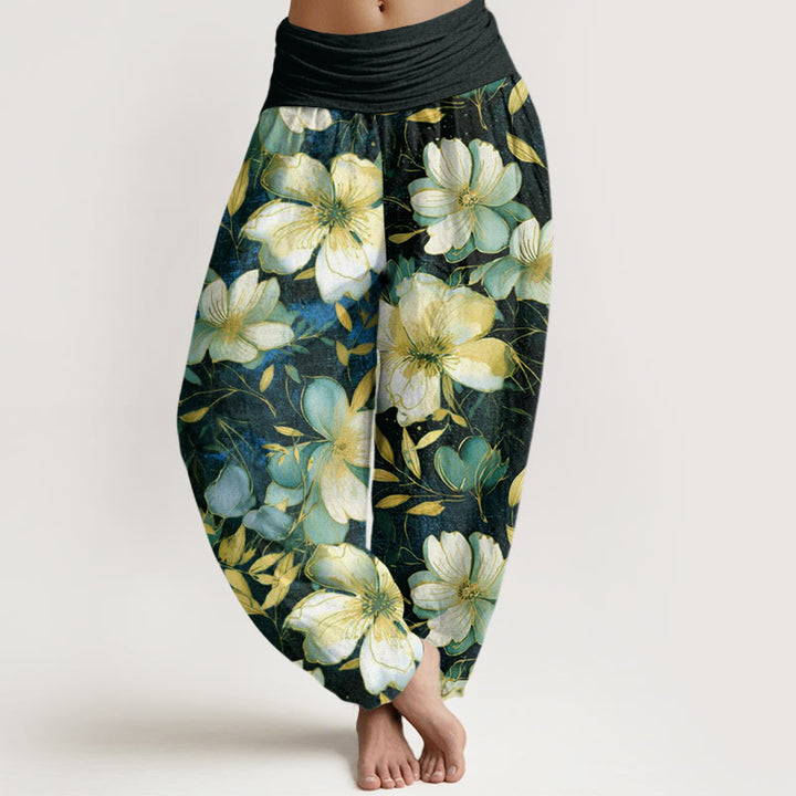 Buddha Stones Cremeweiße Blumen Muster Design Damen Haremshose mit elastischer Taille - Schwarz - US22， UK/AU26，EU54 (6XL) - image 8