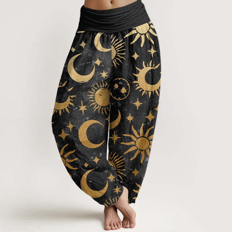 Baumwoll-Haremshose mit Buddha Stones -Muster (Halbmond, Sonne, Sterne) und elastischem Bund für Damen - Schwarz - US22, UK/AU26, EU54 (6XL) - image 0