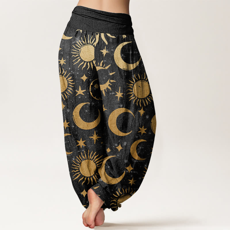 Baumwoll-Haremshose mit Buddha Stones -Muster (Halbmond, Sonne, Sterne) und elastischem Bund für Damen - image 1