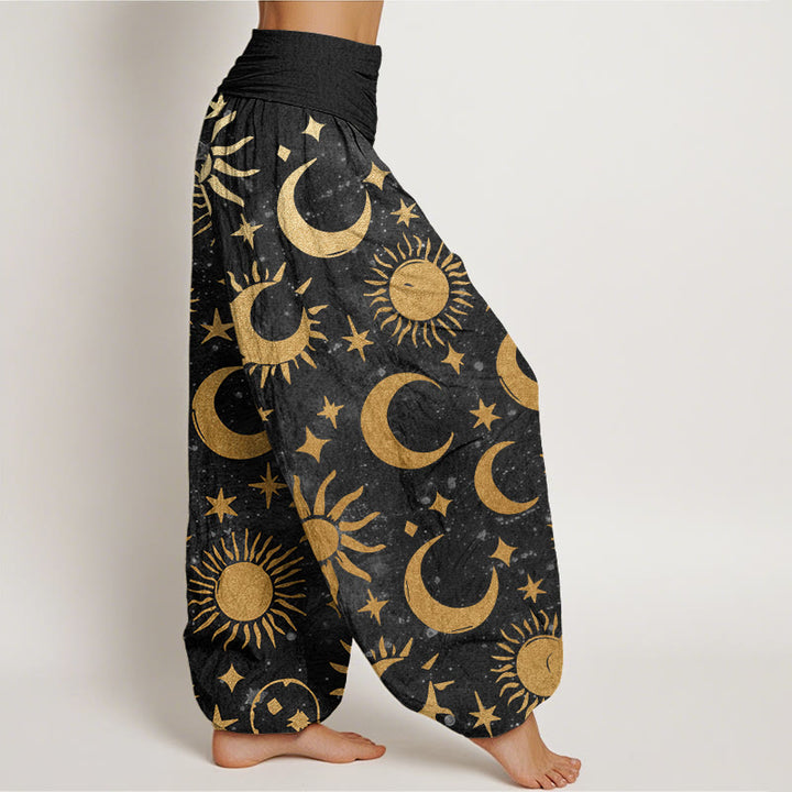 Haremshose mit elastischer Taille und Buddha Stones, Halbmond, Sonne und Sternenmuster für Damen - image 3