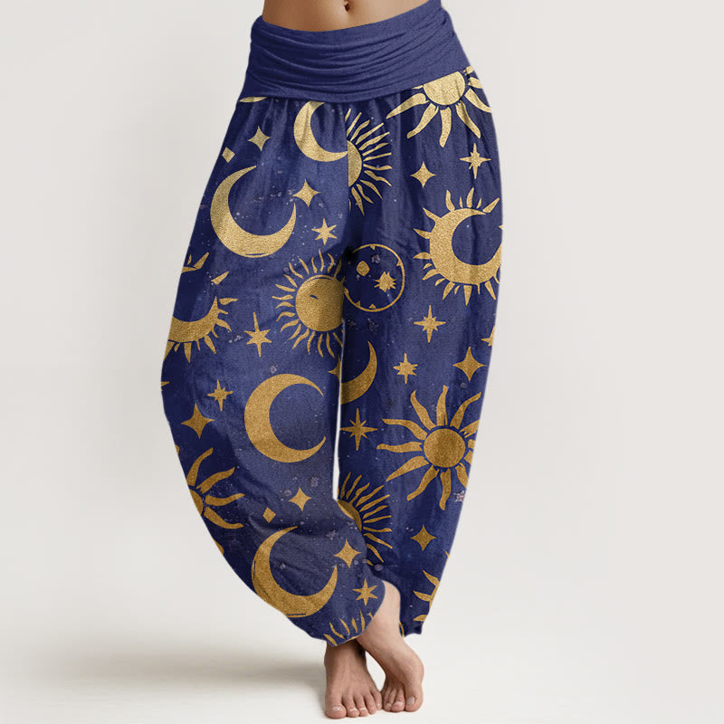 Haremshose mit elastischer Taille und Buddha Stones, Halbmond, Sonne und Sternenmuster für Damen - Schieferblau - US22， UK/AU26，EU54 (6XL) - image 5