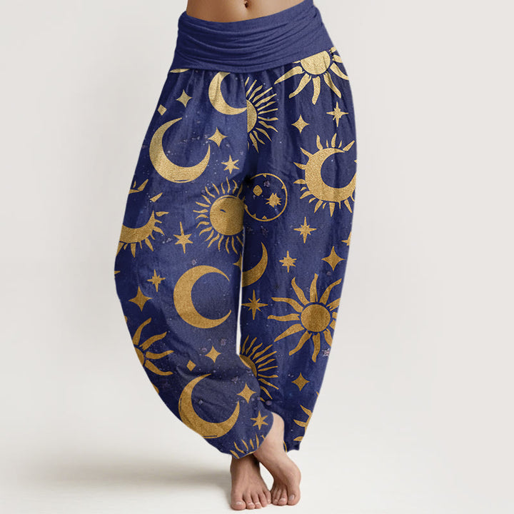 Haremshose mit elastischer Taille und Buddha Stones, Halbmond, Sonne und Sternenmuster für Damen - Schieferblau - US22， UK/AU26，EU54 (6XL) - image 5